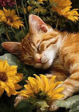 Sleeping Kitten Among Sunflowers