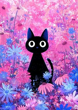 Black Cat in a Pink and Blue Floral Field