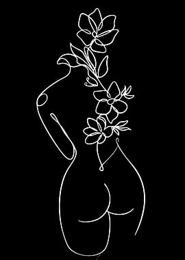 Minimalist Line Art of Woman with Flowers