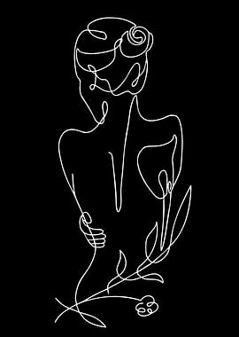 Minimalist Line Art of a Woman with Flowers