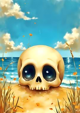 Skull on a Beach with Flowers