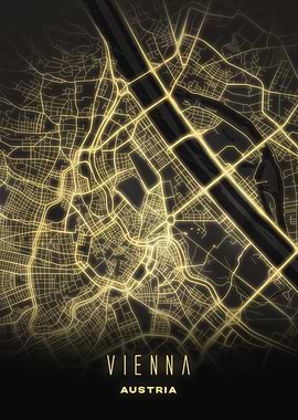 Vienna, Austria - Illuminated City Streets Map, Wall Art Poster