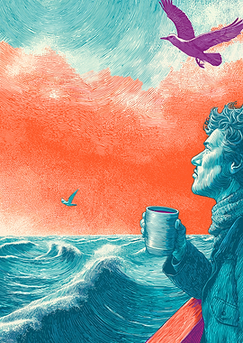 Man with Coffee on a Boat at Sea