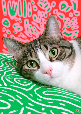 Cat on a patterned pillow