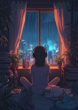 Girl Listening to Music in Rainy City