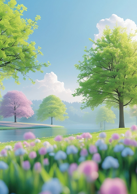 Spring Meadow by the Lake