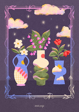 Whimsical Floral Vases with Clouds and Stars