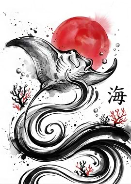 Manta Ray and Red Sun