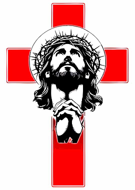 Jesus Christ praying on a red cross
