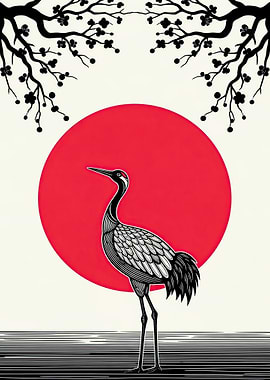 Crane and Red Sun