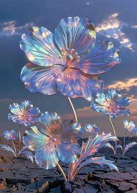 Iridescent Flowers in Cracked Earth
