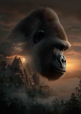 Gorilla Overlooking Misty Mountains