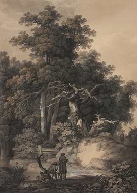 Two figures in a forest clearing