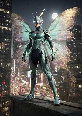 Butterfly Woman Superhero in Cityscape