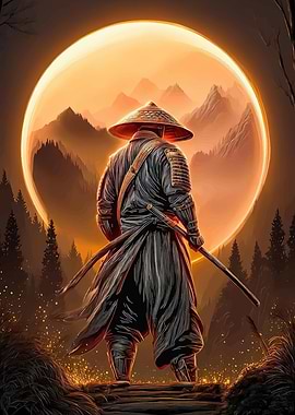 Samurai Warrior Under a Giant Moon
