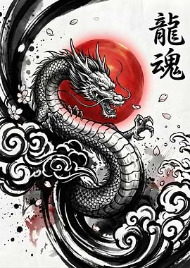 Japanese Dragon with Red Sun and Cherry Blossoms