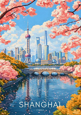 Shanghai Skyline with Cherry Blossoms