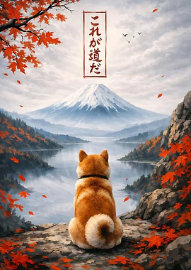 Shiba Inu overlooking Mount Fuji