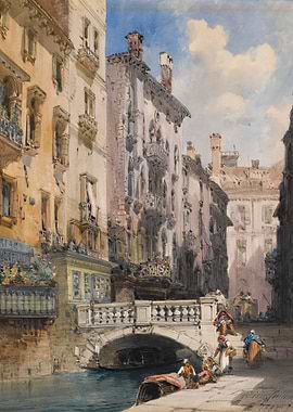 Venetian Canal Scene with Bridge and Figures