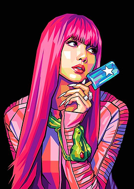 Pop Art Portrait of lisa blackpink with Pink Hair