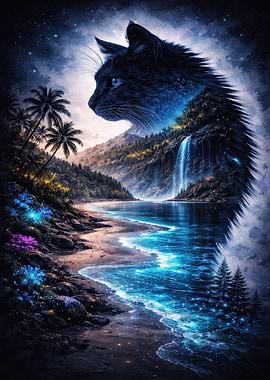 Cosmic Cat Over Tropical Waterfall