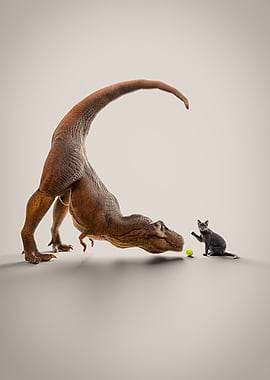 Dinosaur and Cat Playing with Ball