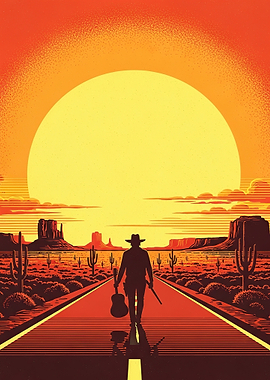 Cowboy walking on desert road at sunset