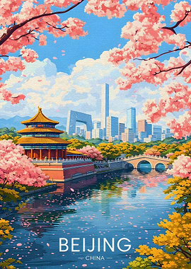 Beijing Cityscape with Cherry Blossoms