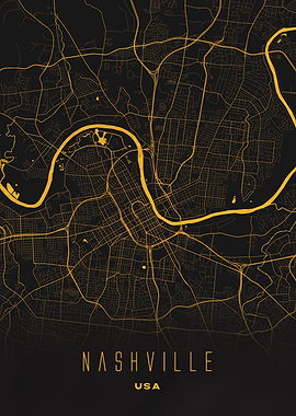 Nashville, Tennessee - Golden City Streets Map, USA Wall Art Print