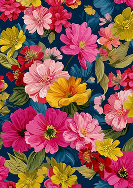 Vibrant Floral Pattern on Navy Background