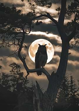Owl on a branch under the moon