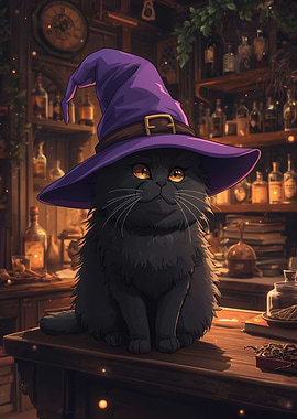 Black cat in a witch hat