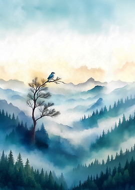 Serene Mountain Landscape with Bird