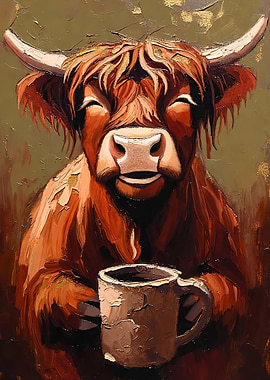 Highland Cow with Coffee