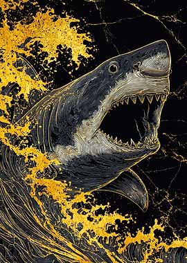 Gold Shark Jumping Through Golden Waves