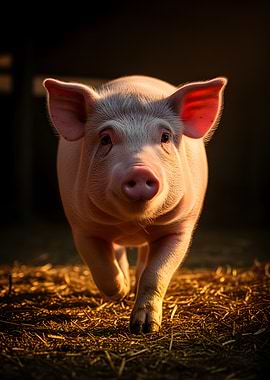 Piglet walking in straw