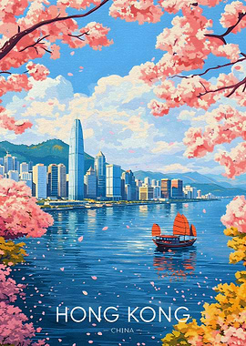 Hong Kong Skyline with Cherry Blossoms