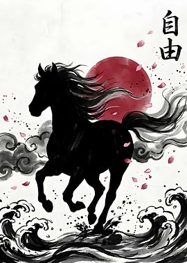 Black Horse Running Through Waves