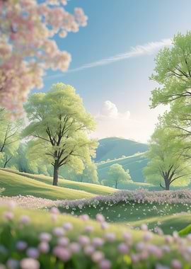 Serene Spring Meadow with Blooming Trees
