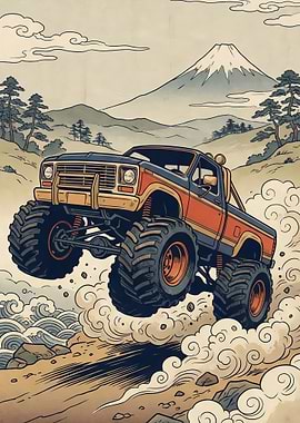 Monster Truck Jumping with Mount Fuji Background