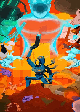 Robot Warrior in Fiery Landscape