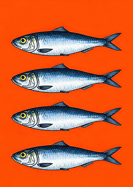 Four Sardines on Orange Background