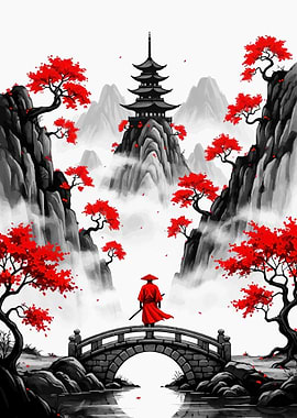 Samurai on a bridge with Japanese pagoda