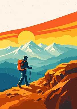 Hiker on Mountain Trail at Sunset