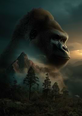Gorilla Overlooking Misty Mountains