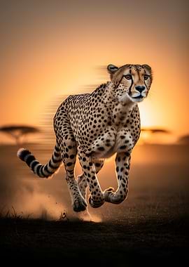 Cheetah running at sunset
