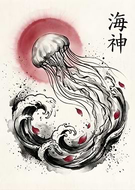 Jellyfish and Waves in Japanese Art Style