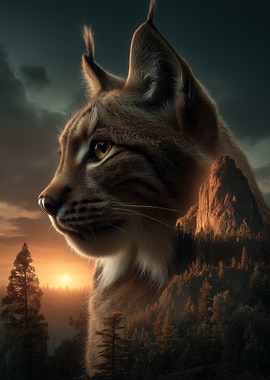 Lynx Overlooking a Mountain Forest Sunset