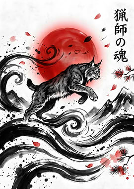 Lynx Jumping Over Mountains with Red Sun