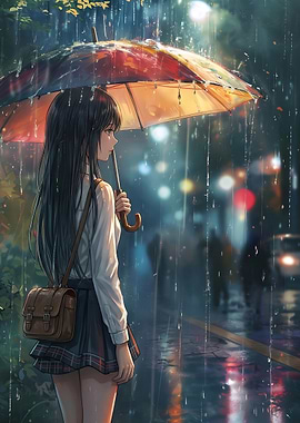 Girl with Umbrella in the Rain